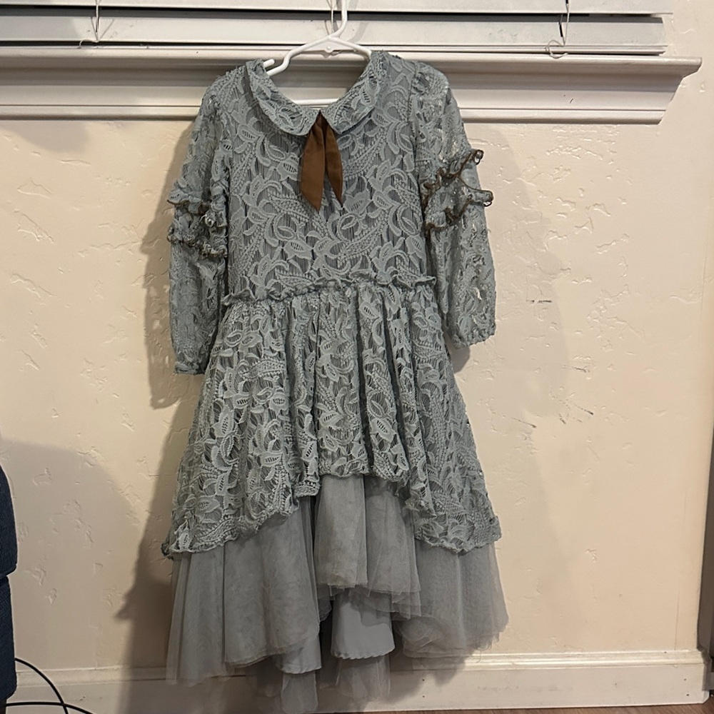 Joyfolie Light Sage Green Lace & Tulle Dress with Brown Ribbon
